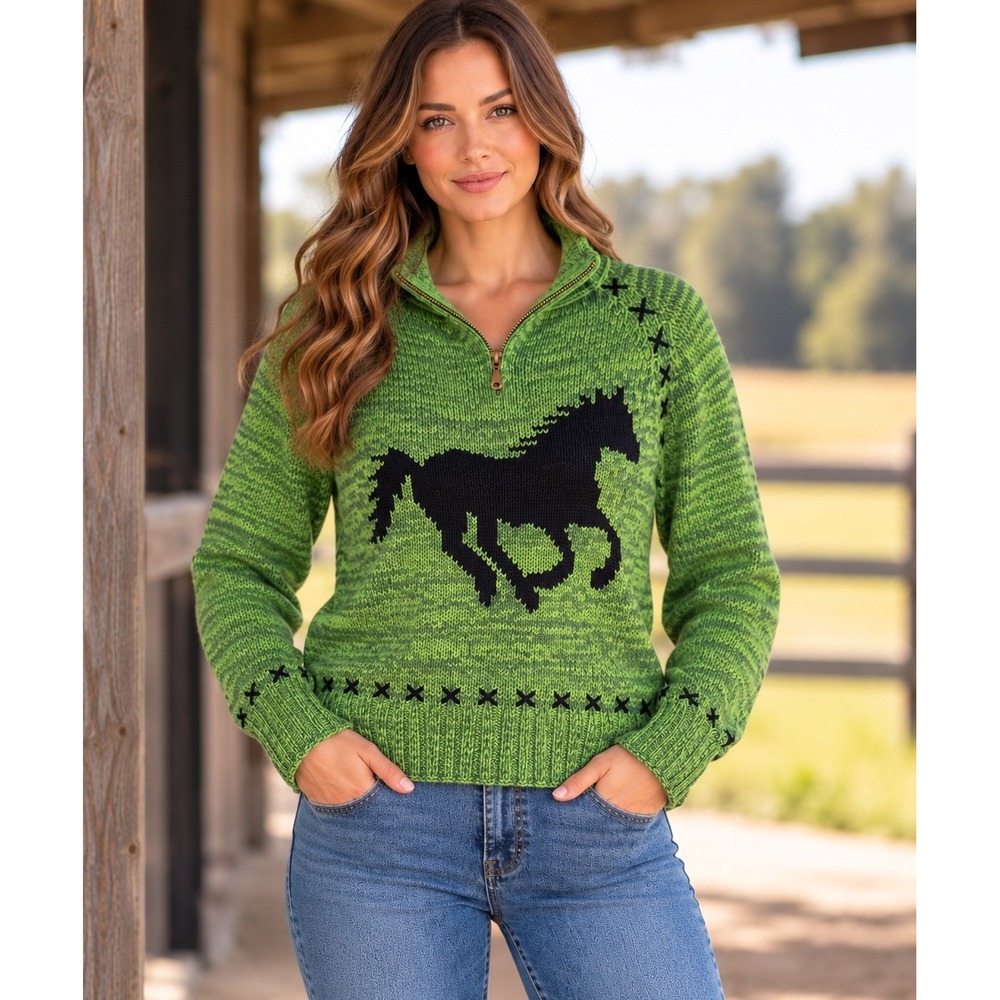 Vintage Timberlea Horse Sweater Medium Green Black Equestrian Western 90s Knit